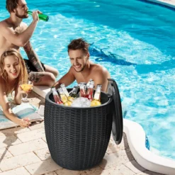 3 in 1 Beistelltisch 45L Kühlbox Hocker Getränkekühler Gartentisch 150KG belastbar Eiskühler Schwarz