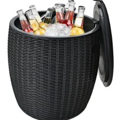 3 in 1 Beistelltisch 45L Kühlbox Hocker Getränkekühler Gartentisch 150KG belastbar Eiskühler Schwarz