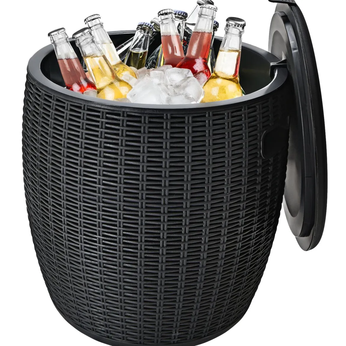 3 in 1 Beistelltisch 45L Kühlbox Hocker Getränkekühler Gartentisch 150KG belastbar Eiskühler Schwarz