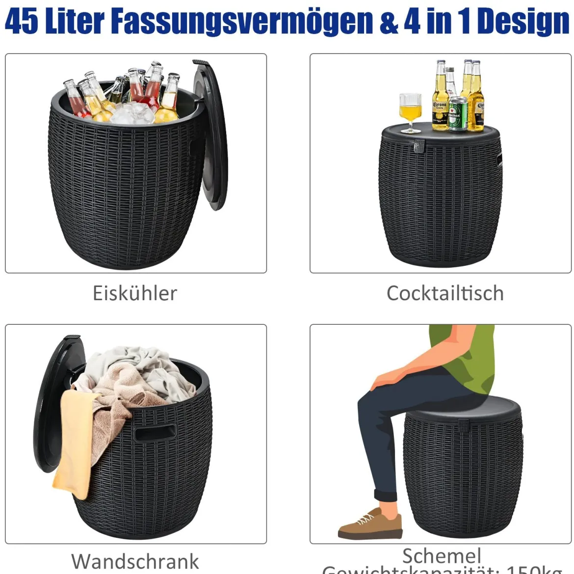 3 in 1 Beistelltisch 45L Kühlbox Hocker Getränkekühler Gartentisch 150KG belastbar Eiskühler Schwarz