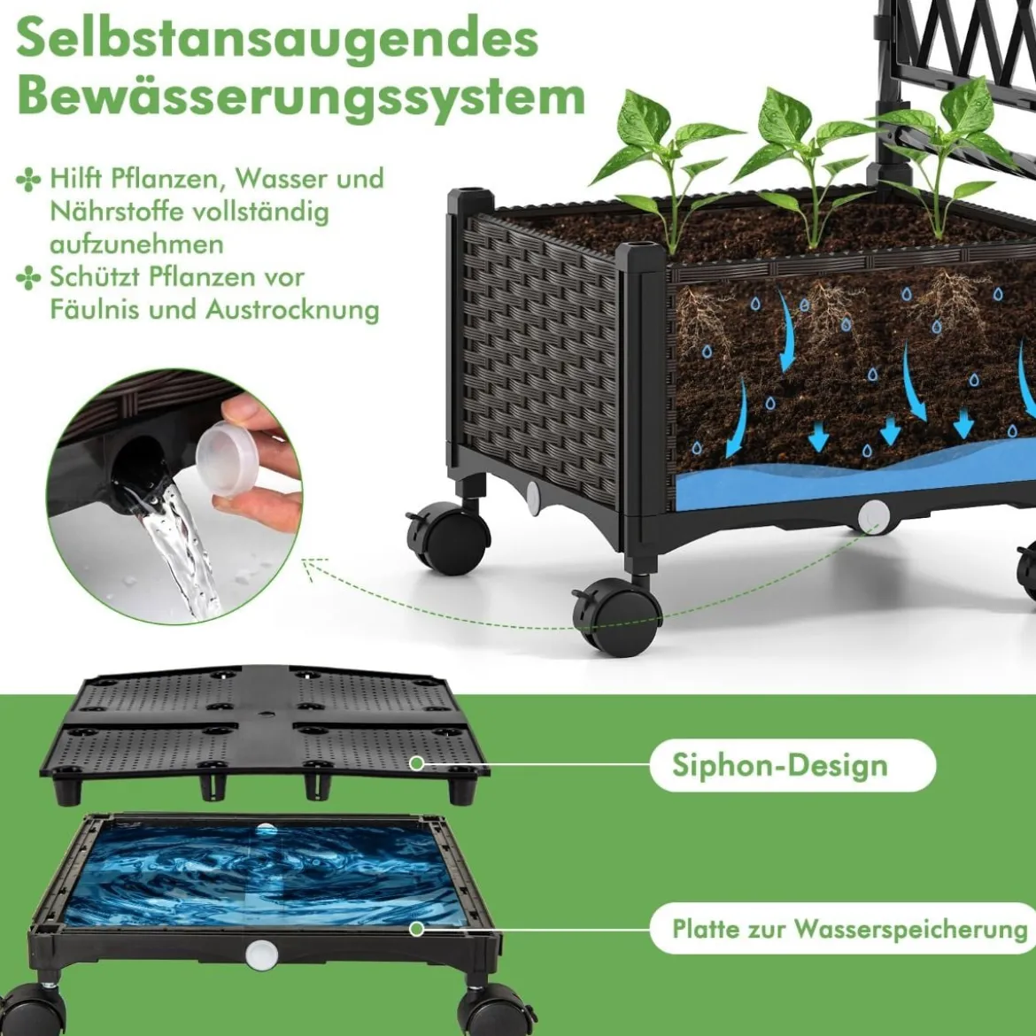 2 in 1 Blumenkasten mit Rankgitter & Hängendem Dach Rosenbogen mit 2 Pflanzkästen Braun