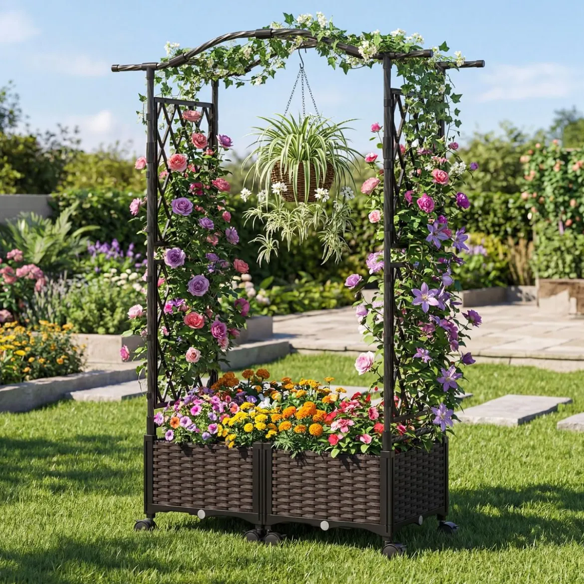 2 in 1 Blumenkasten mit Rankgitter & Hängendem Dach Rosenbogen mit 2 Pflanzkästen Braun