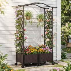 2 in 1 Blumenkasten mit Rankgitter & Hängendem Dach Rosenbogen mit 2 Pflanzkästen Braun