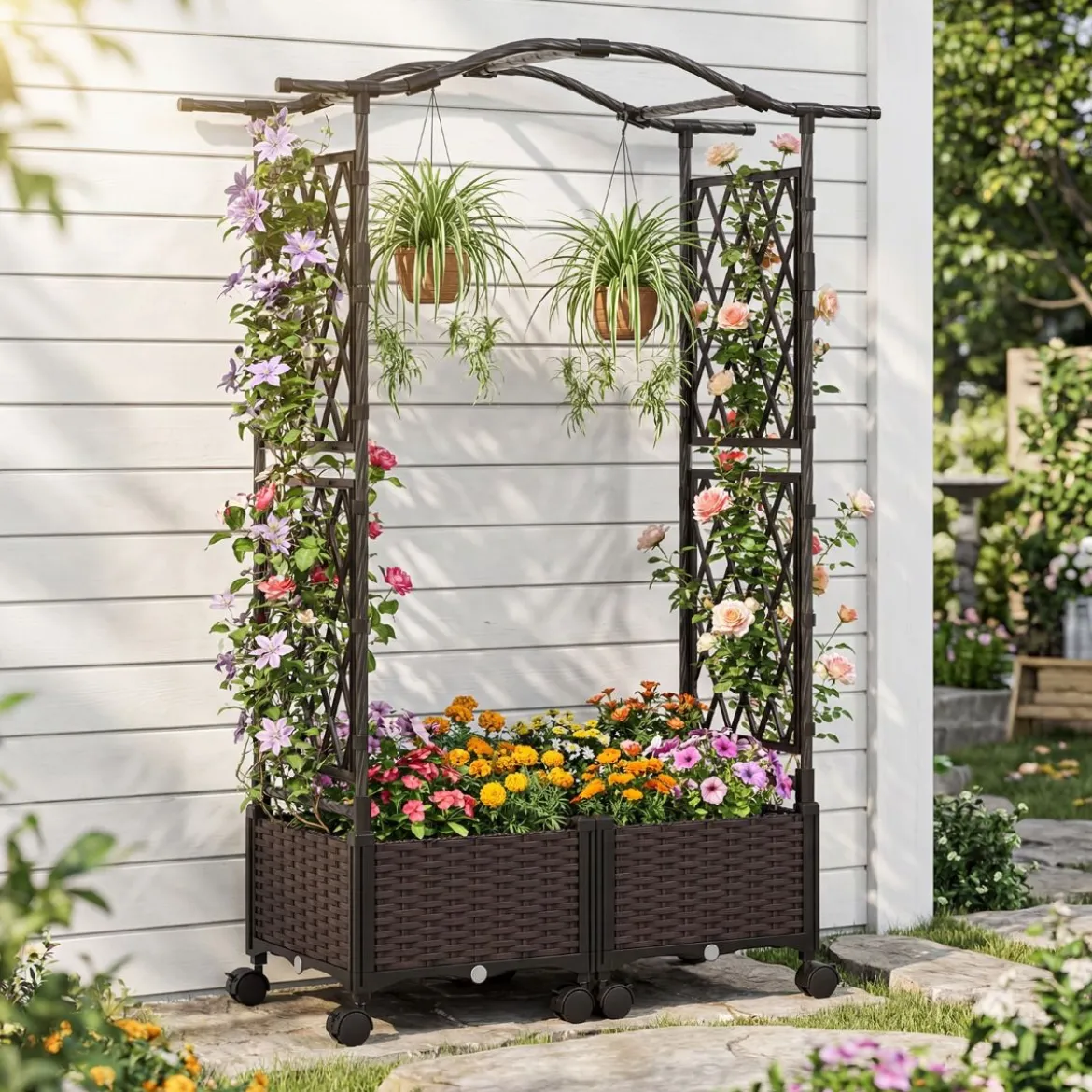 2 in 1 Blumenkasten mit Rankgitter & Hängendem Dach Rosenbogen mit 2 Pflanzkästen Braun