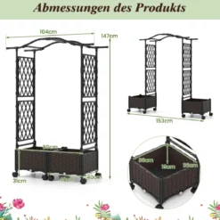 2 in 1 Blumenkasten mit Rankgitter & Hängendem Dach Rosenbogen mit 2 Pflanzkästen Braun