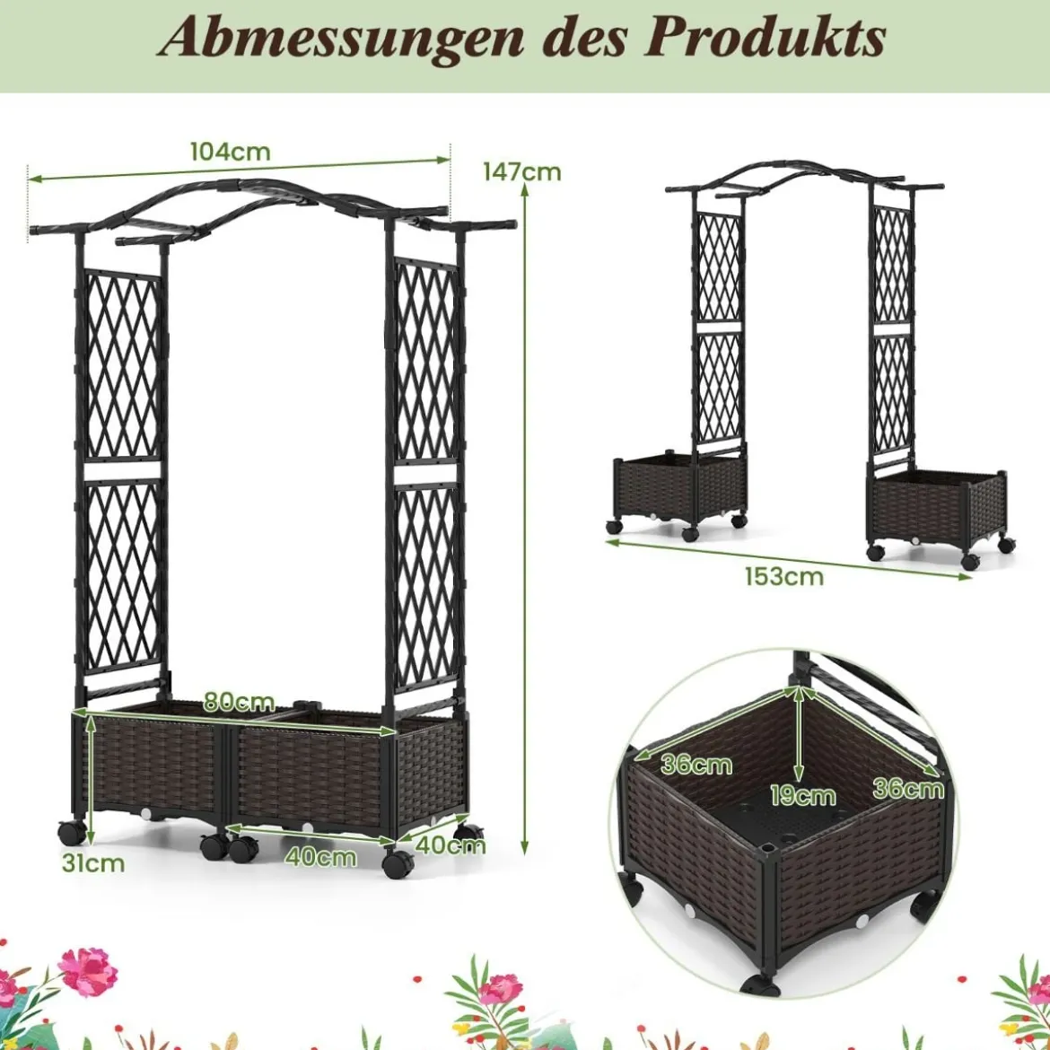 2 in 1 Blumenkasten mit Rankgitter & Hängendem Dach Rosenbogen mit 2 Pflanzkästen Braun