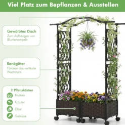 2 in 1 Blumenkasten mit Rankgitter & Hängendem Dach Rosenbogen mit 2 Pflanzkästen Braun