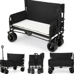 2-in-1 Bollerwagen mit Sitzbank faltbarer Strandwagen mit verstellbarem Schiebe-/Ziehgriff Schwarz