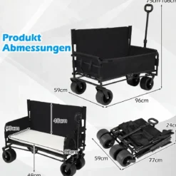 2-in-1 Bollerwagen mit Sitzbank faltbarer Strandwagen mit verstellbarem Schiebe-/Ziehgriff Schwarz