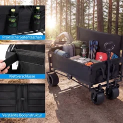 2-in-1 Bollerwagen mit Sitzbank faltbarer Strandwagen mit verstellbarem Schiebe-/Ziehgriff Schwarz