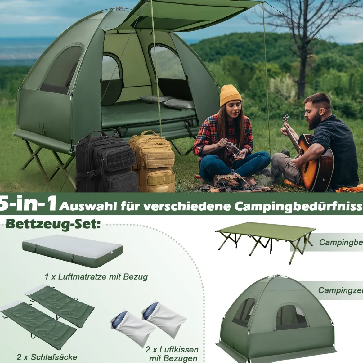 5 in 1 Campingzelt Feldbett für 2 Personen Luftmatratze Kissen Schlafsack Tragbar Grün