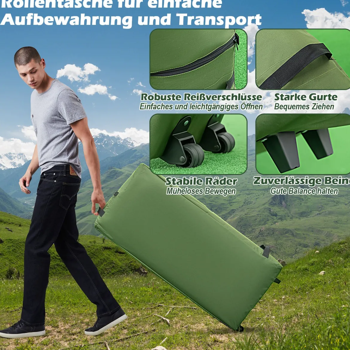 5 in 1 Campingzelt Feldbett für 2 Personen Luftmatratze Kissen Schlafsack Tragbar Grün