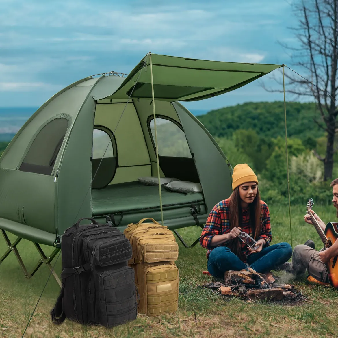 5 in 1 Campingzelt Feldbett für 2 Personen Luftmatratze Kissen Schlafsack Tragbar Grün