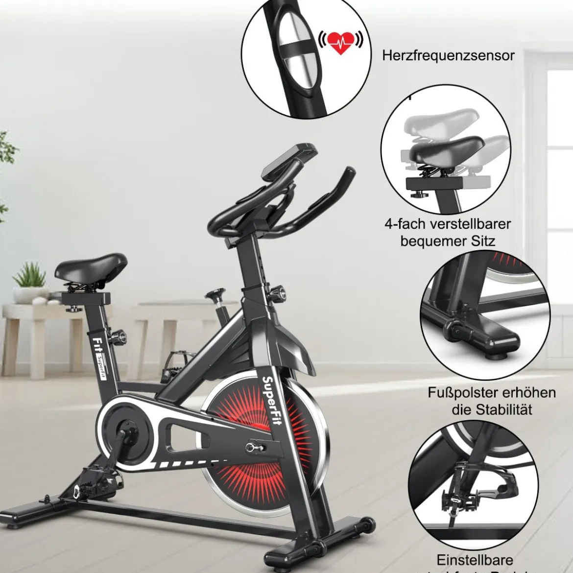 Indoor Fahrrad mit 6KG Schwungrad Heimtrainer Fitnessbike bis 120KG belastbar Rot