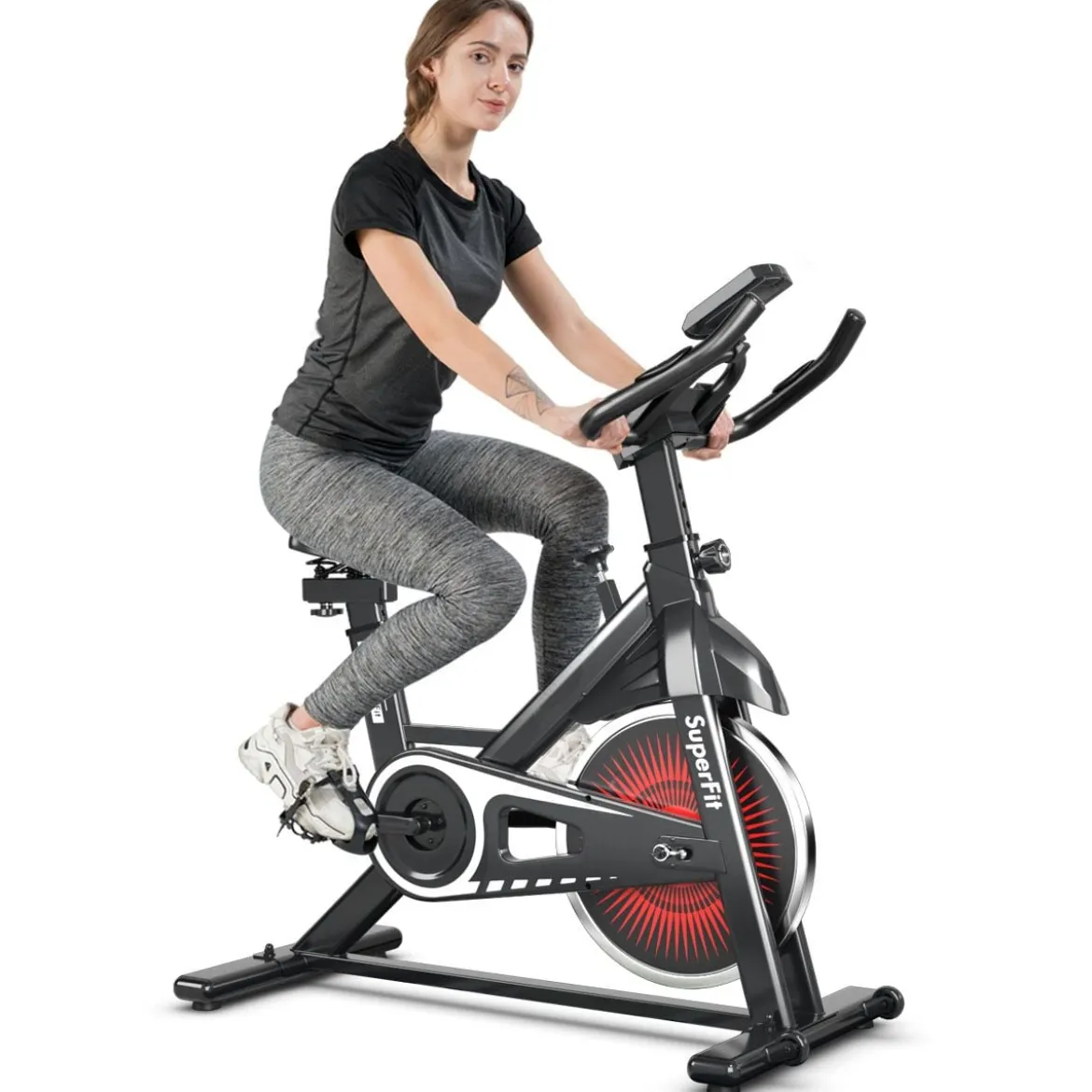 Indoor Fahrrad mit 6KG Schwungrad Heimtrainer Fitnessbike bis 120KG belastbar Rot