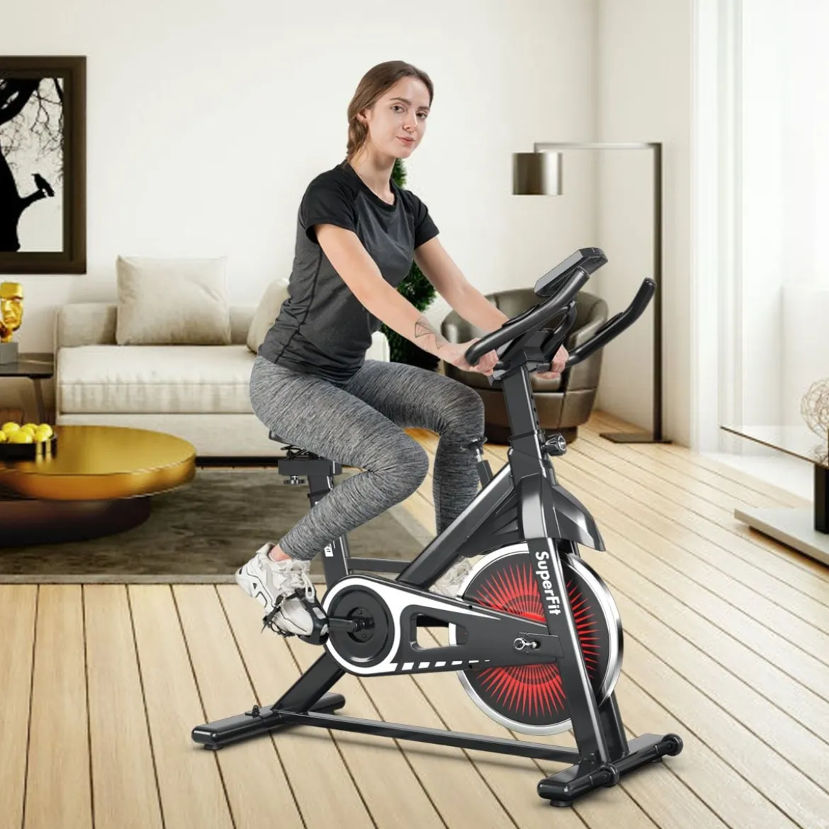 Indoor Fahrrad mit 6KG Schwungrad Heimtrainer Fitnessbike bis 120KG belastbar Rot