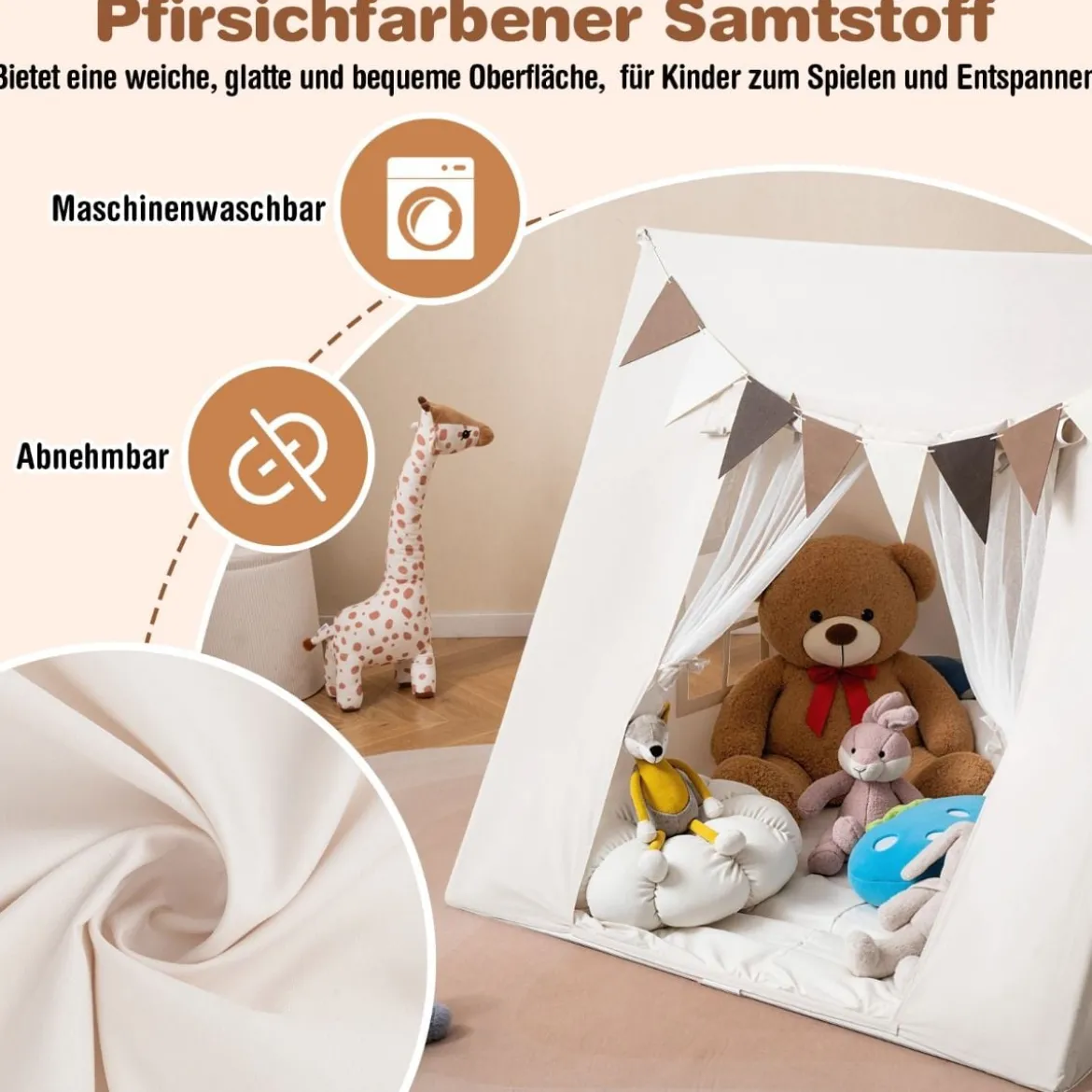 Indoor Kinder Spielzelt mit Waschbarer Gepolsterter Matte & Bunte Fahnen Schlafzelt