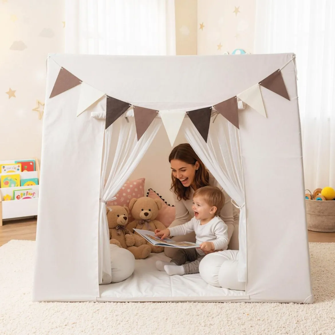 Indoor Kinder Spielzelt mit Waschbarer Gepolsterter Matte & Bunte Fahnen Schlafzelt