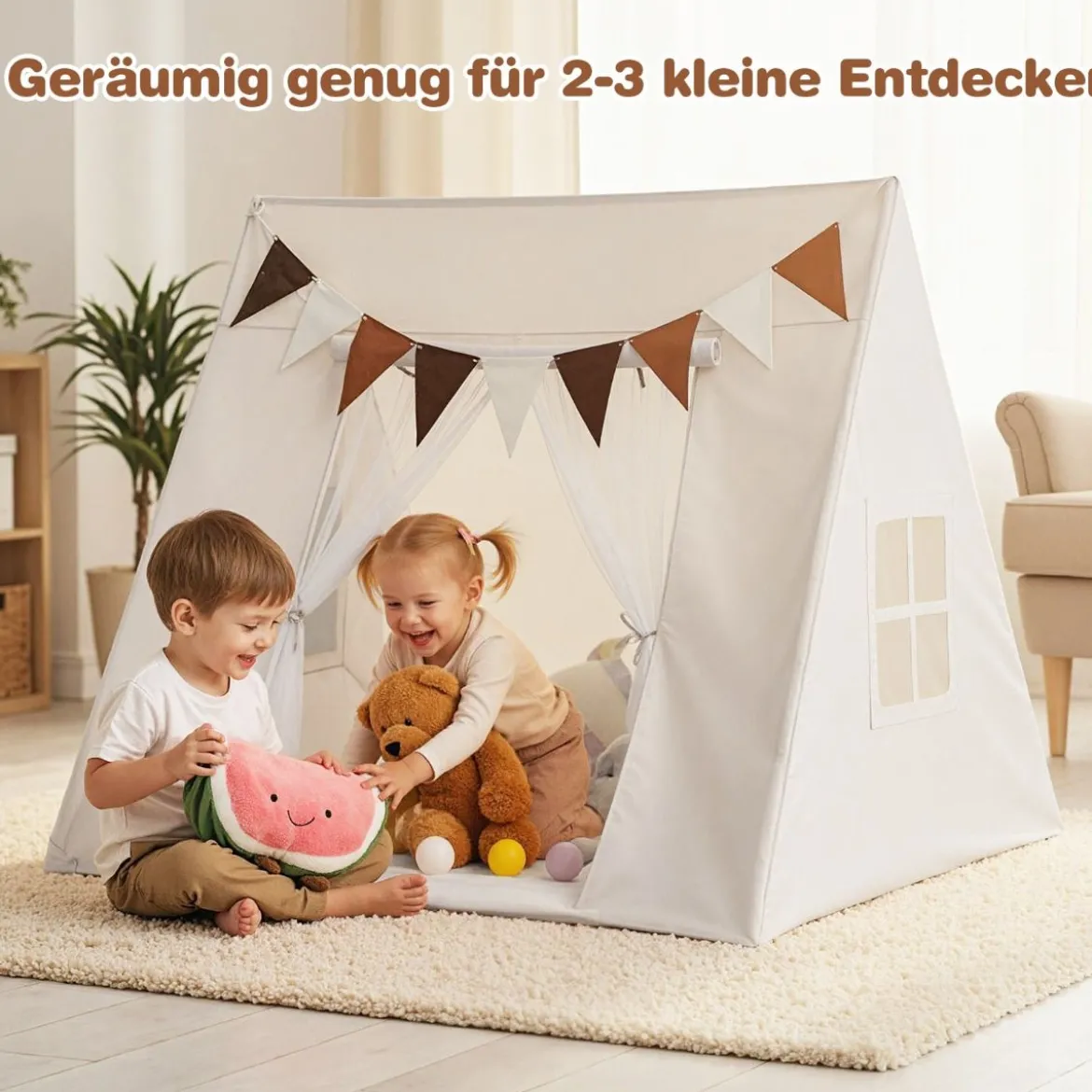 Indoor Kinder Spielzelt mit Waschbarer Gepolsterter Matte & Bunte Fahnen Schlafzelt