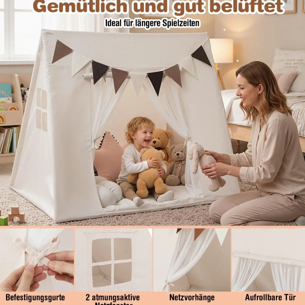 Indoor Kinder Spielzelt mit Waschbarer Gepolsterter Matte & Bunte Fahnen Schlafzelt