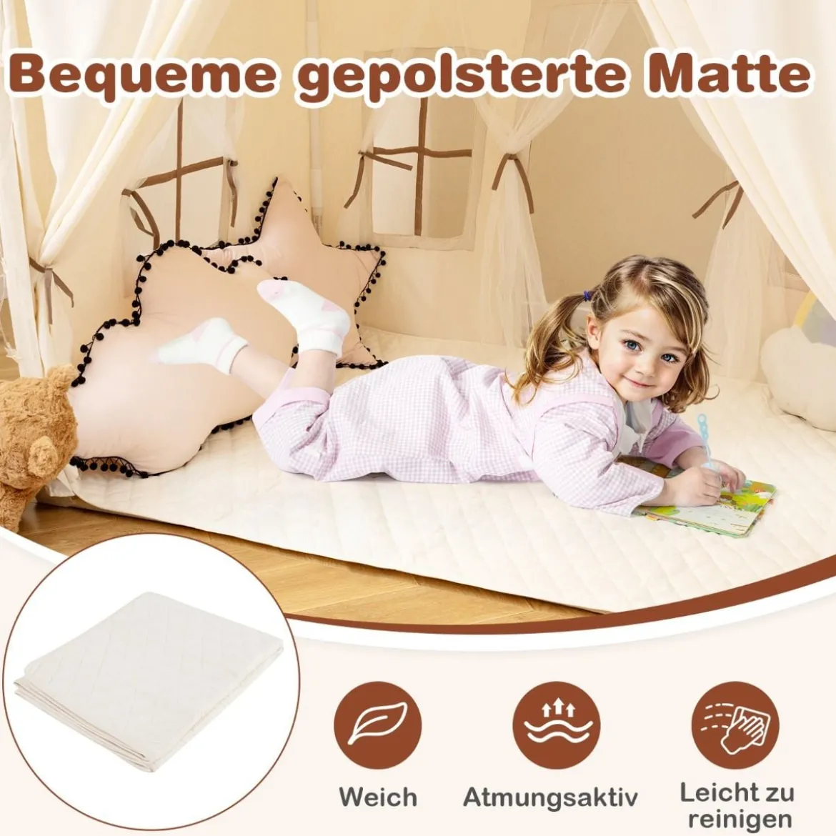 Indoor Spielzelt mit 2 Eingängen & Sternenlichtern & Maschinenwaschbarer Baumwollmatte