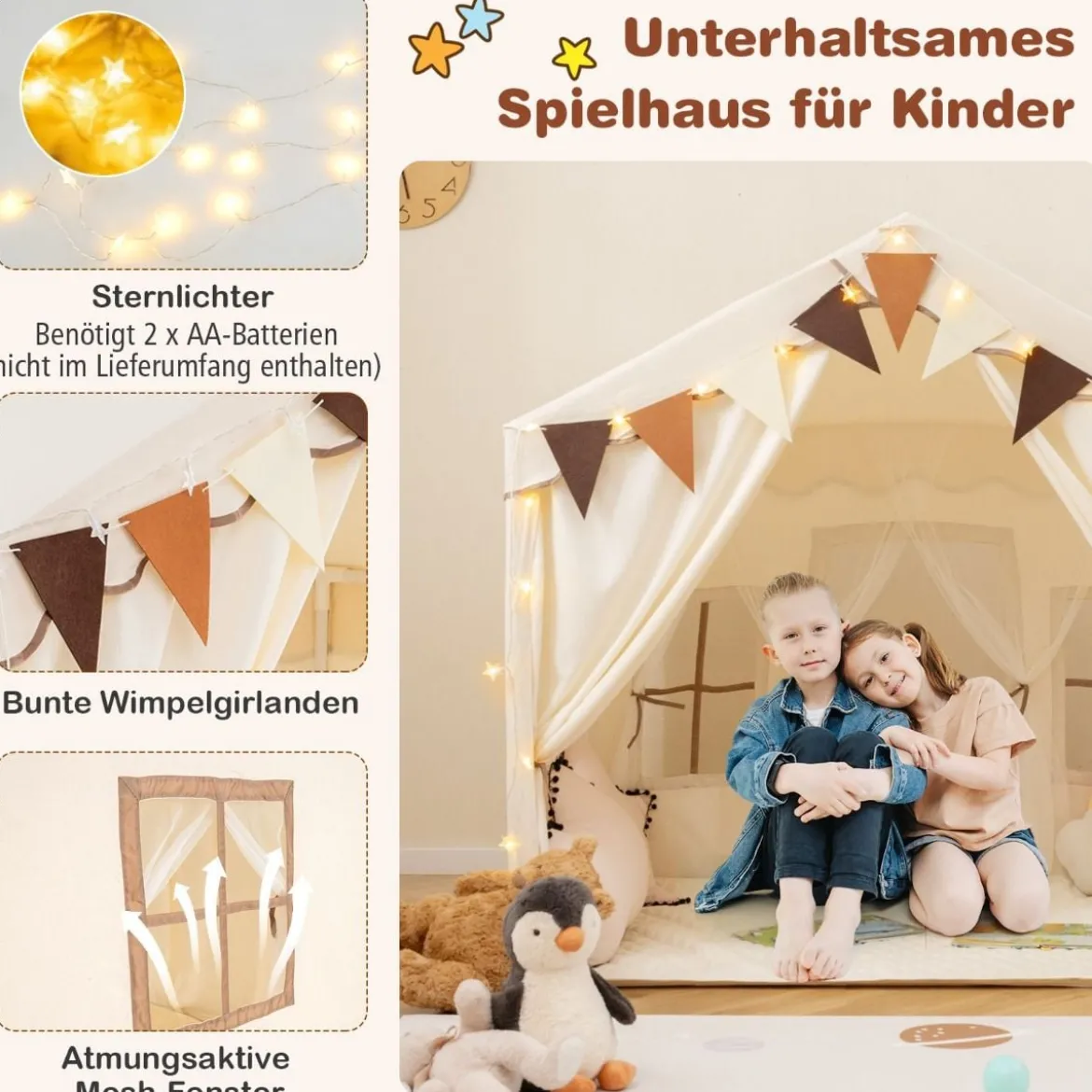 Indoor Spielzelt mit 2 Eingängen & Sternenlichtern & Maschinenwaschbarer Baumwollmatte