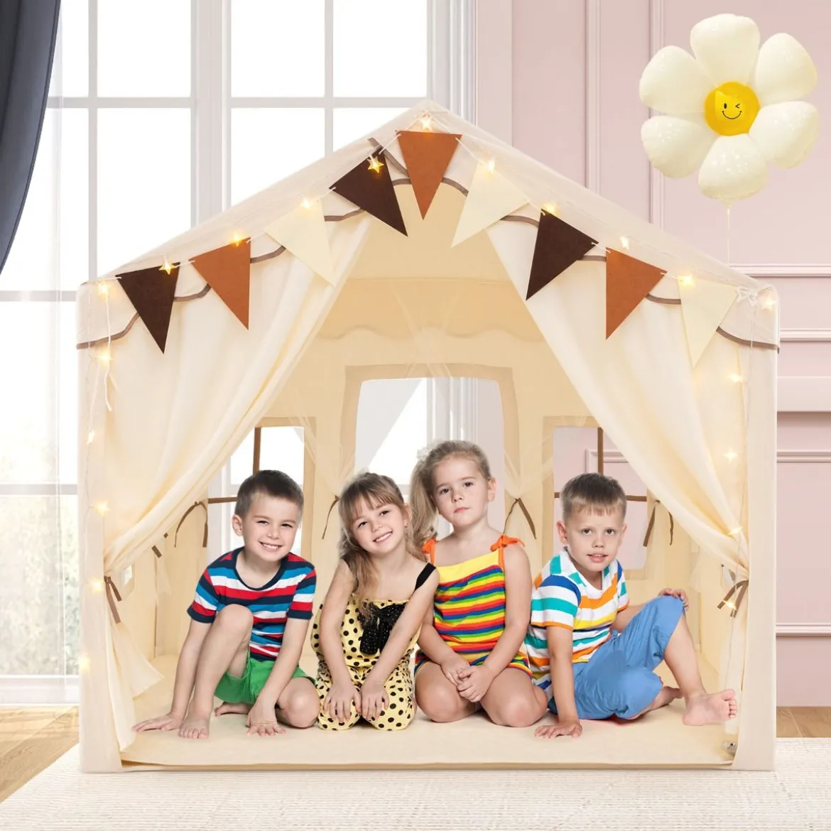 Indoor Spielzelt mit 2 Eingängen & Sternenlichtern & Maschinenwaschbarer Baumwollmatte