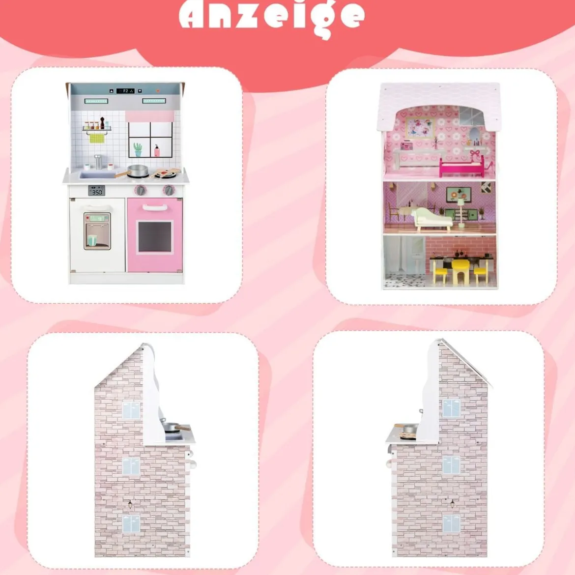 2 in 1 Doppelseitiges Puppenhaus und Kinderküche aus Holz 55 x 42, 5 x 91 cm Rosa