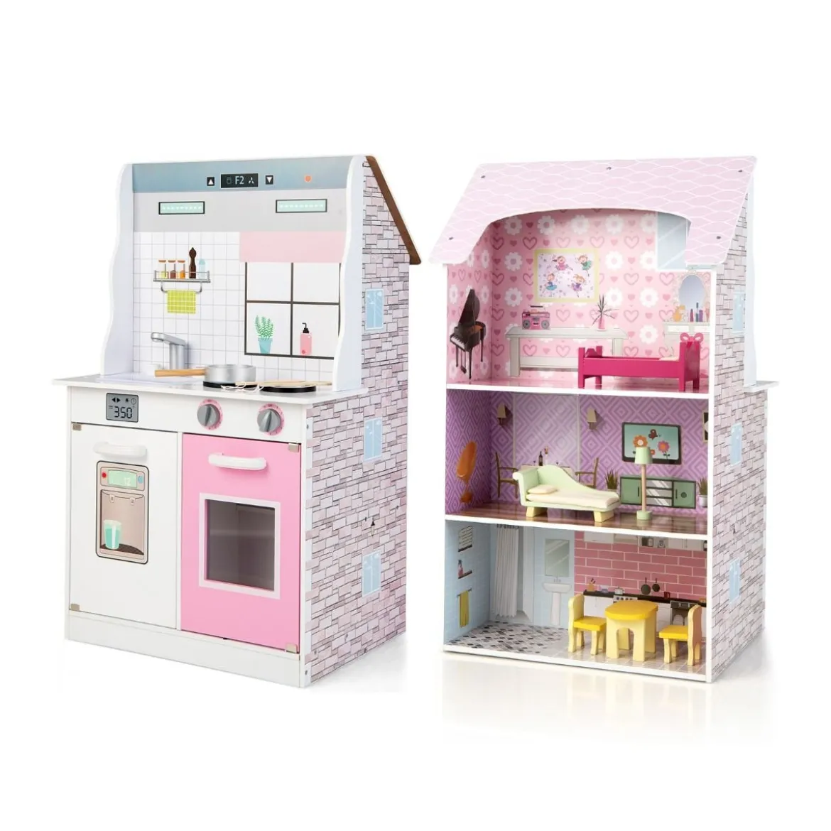 2 in 1 Doppelseitiges Puppenhaus und Kinderküche aus Holz 55 x 42, 5 x 91 cm Rosa