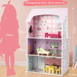 2 in 1 Doppelseitiges Puppenhaus und Kinderküche aus Holz 55 x 42, 5 x 91 cm Rosa
