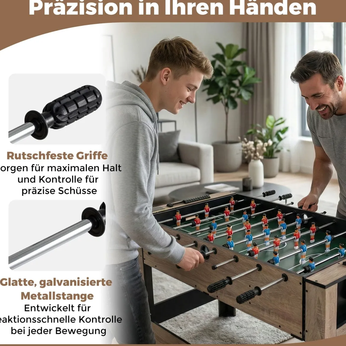 2 in 1 Drehbarer Spieltisch 124 cm Kickertisch & Billard Kombination Spieltisch-Set für Jugendliche Braun