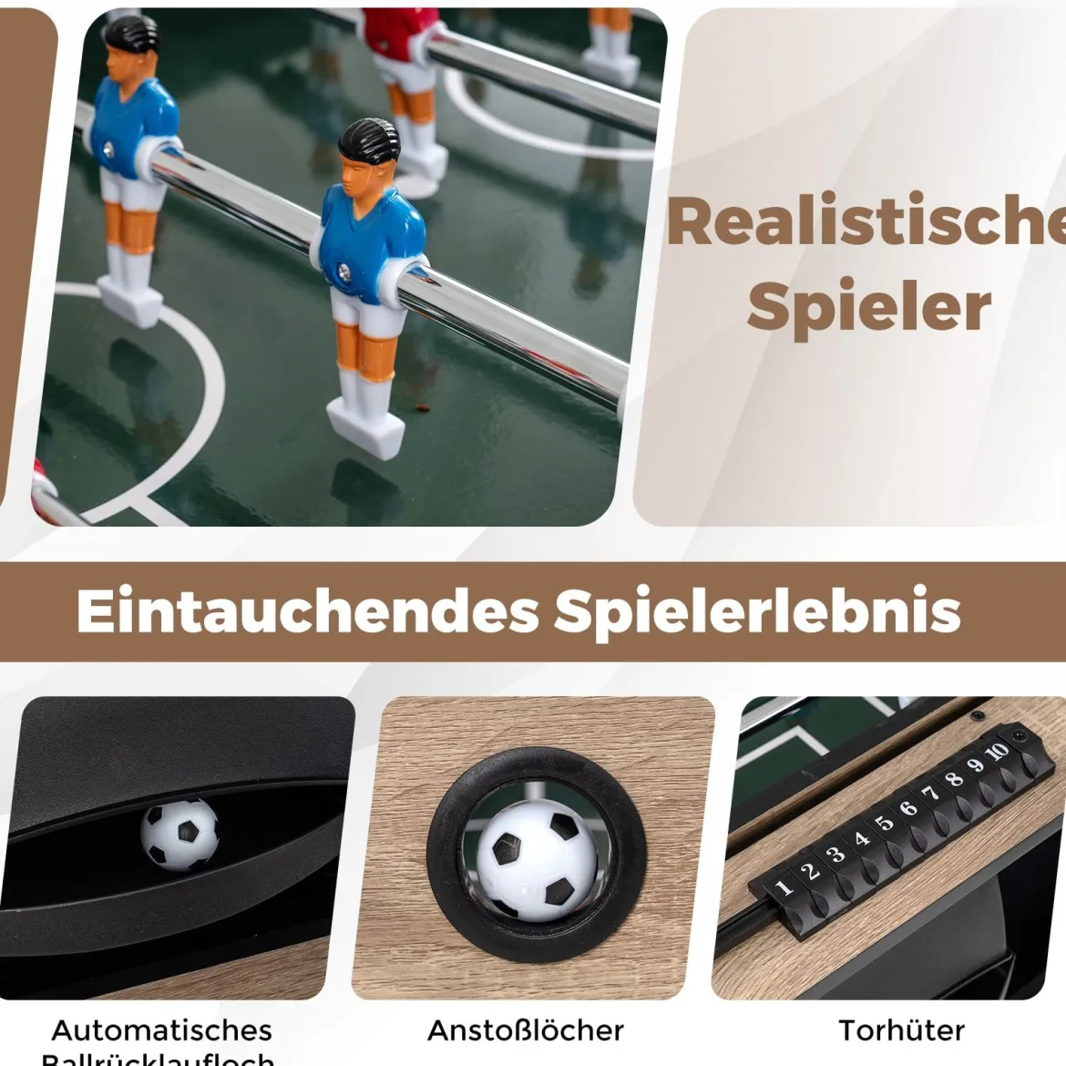 2 in 1 Drehbarer Spieltisch 124 cm Kickertisch & Billard Kombination Spieltisch-Set für Jugendliche Braun