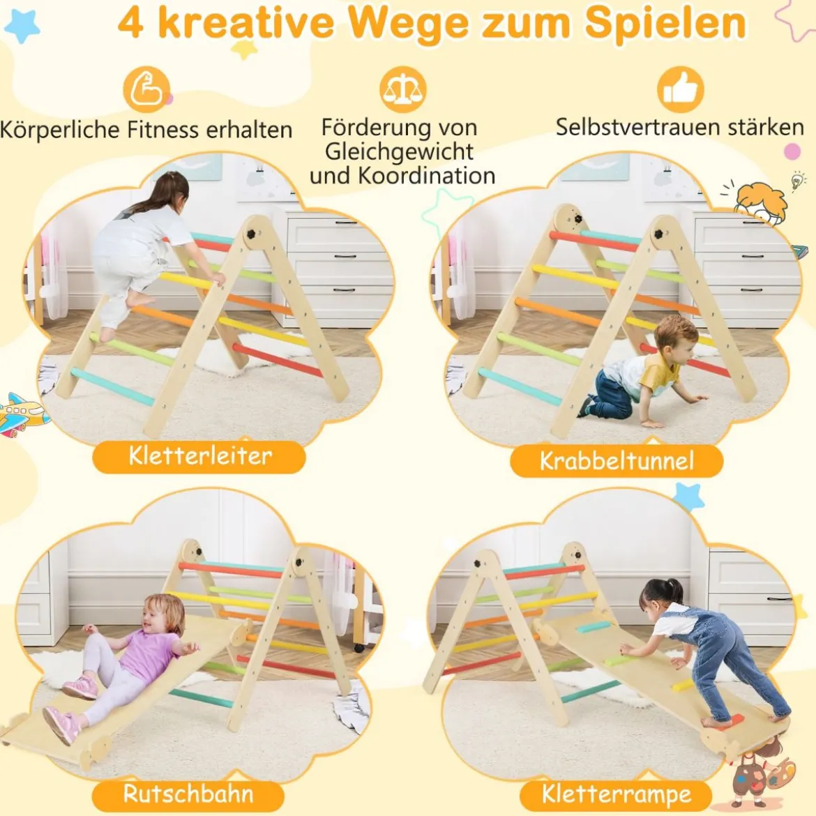 3 in 1 dreieckiges Kletterspielzeug faltbares & höhenverstellbares Dreiecksset für Kleinkinder Bunt