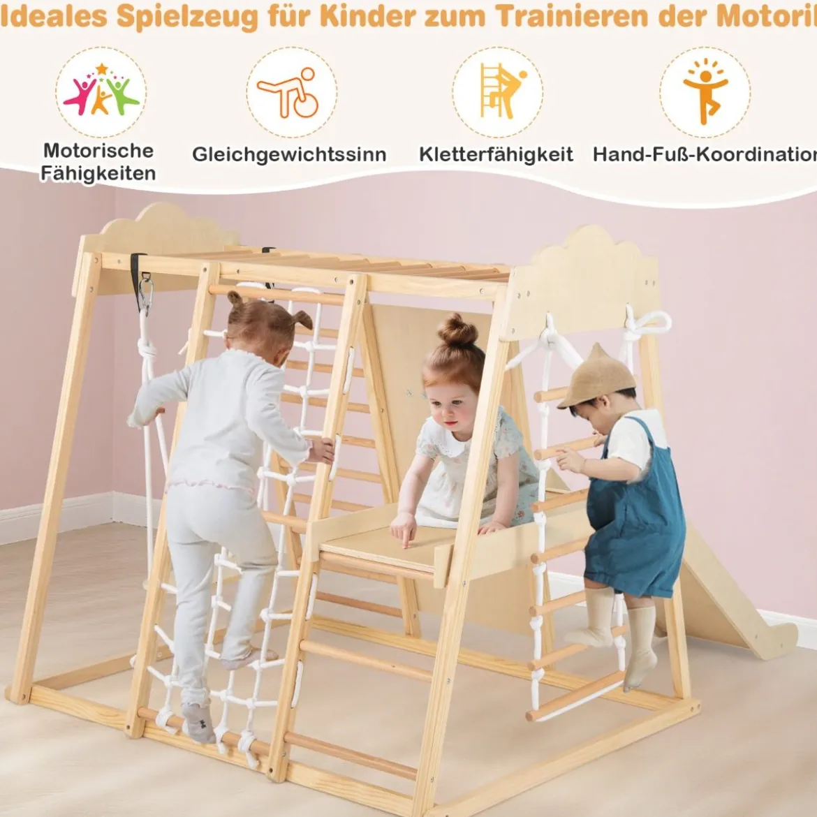 8-in-1 Dschungel-Gymnastikset hölzerne Montessori-Kletterspielzeuge mit Kletterstangen Mehrfarbig/Natur