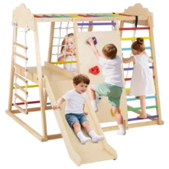 8-in-1 Dschungel-Gymnastikset hölzerne Montessori-Kletterspielzeuge mit Kletterstangen Mehrfarbig/Natur