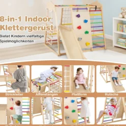 8-in-1 Dschungel-Gymnastikset hölzerne Montessori-Kletterspielzeuge mit Kletterstangen Mehrfarbig/Natur