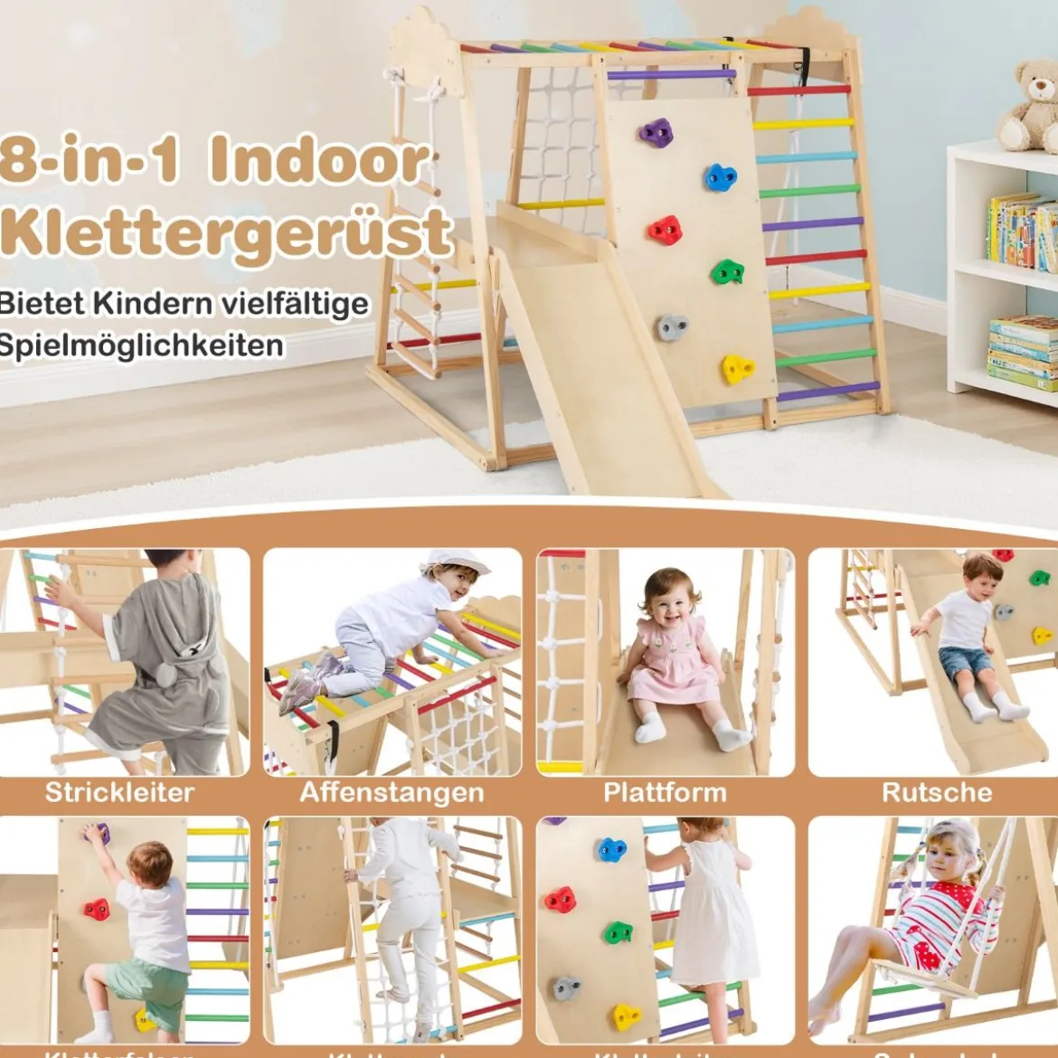 8-in-1 Dschungel-Gymnastikset hölzerne Montessori-Kletterspielzeuge mit Kletterstangen Mehrfarbig/Natur