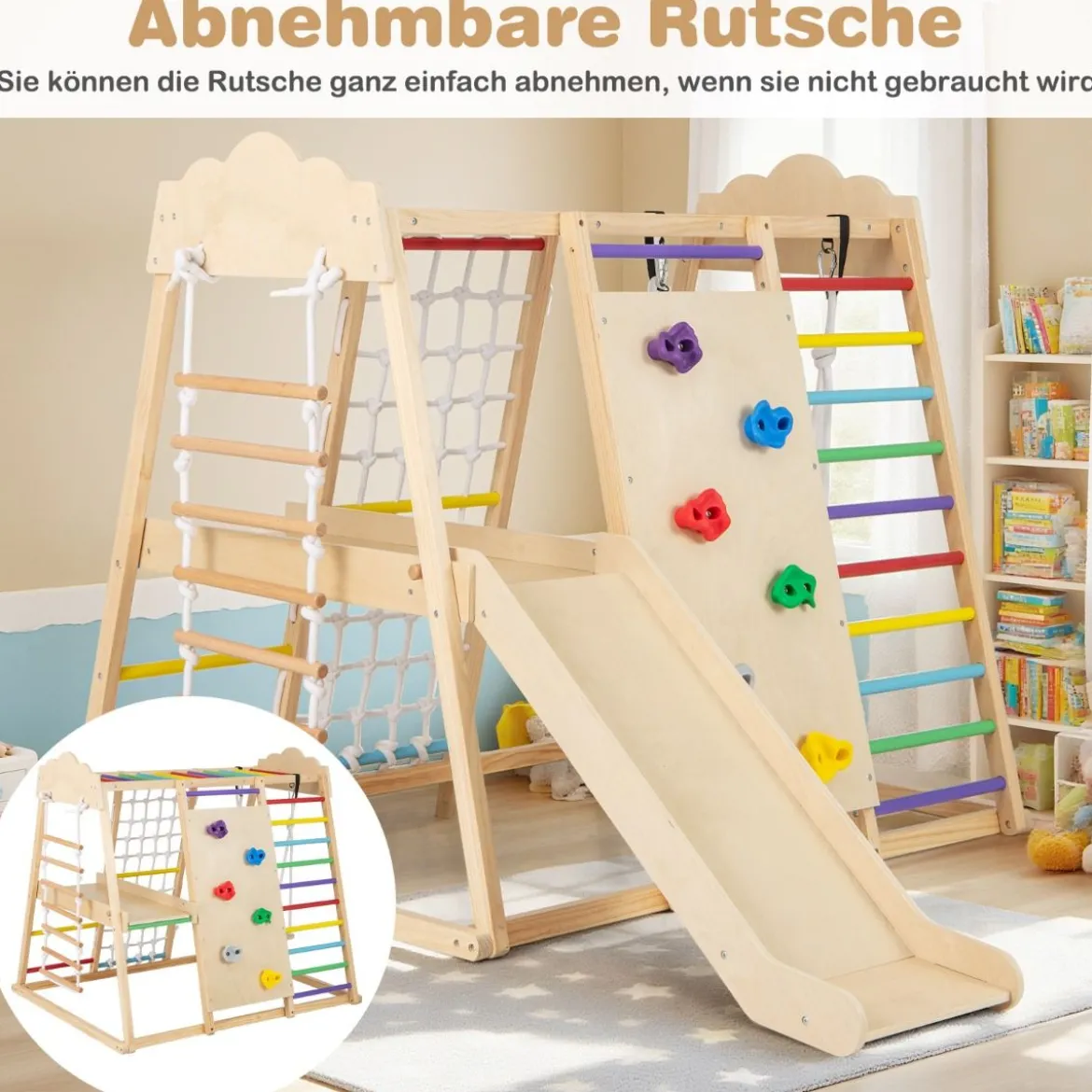 8-in-1 Dschungel-Gymnastikset hölzerne Montessori-Kletterspielzeuge mit Kletterstangen Mehrfarbig/Natur
