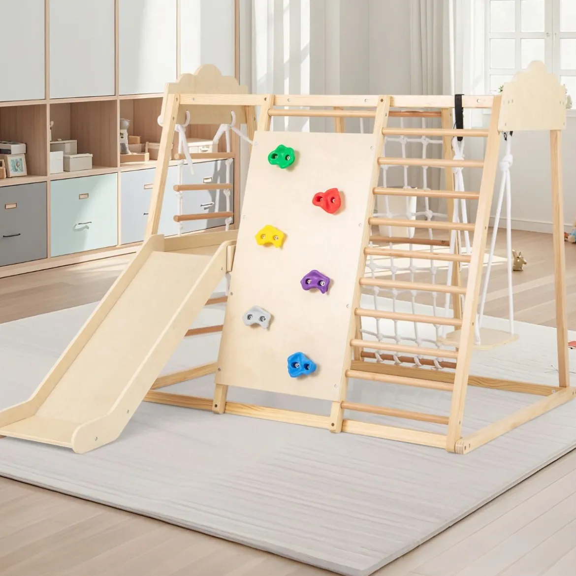 8-in-1 Dschungel-Gymnastikset hölzerne Montessori-Kletterspielzeuge mit Kletterstangen Mehrfarbig/Natur