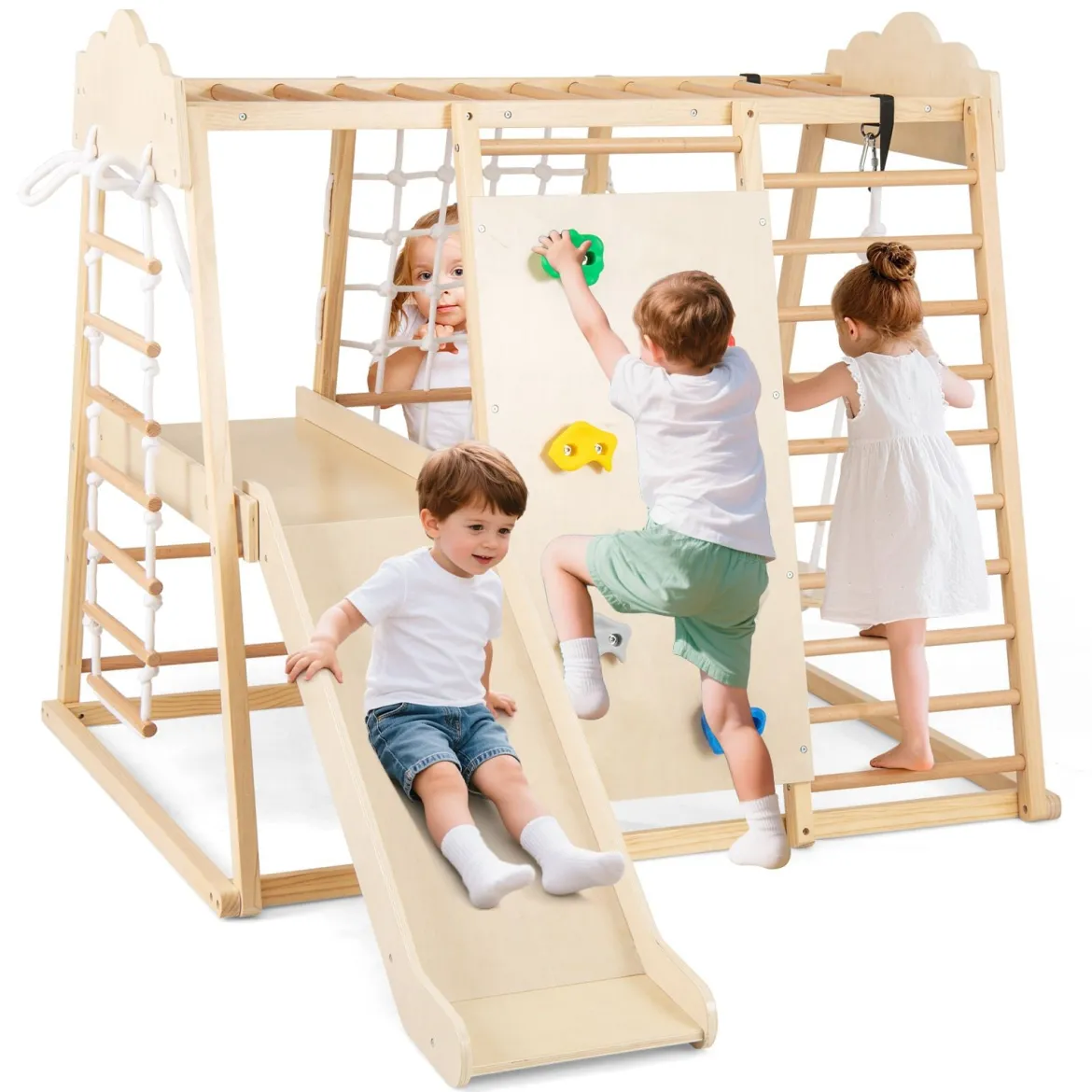8-in-1 Dschungel-Gymnastikset hölzerne Montessori-Kletterspielzeuge mit Kletterstangen Mehrfarbig/Natur