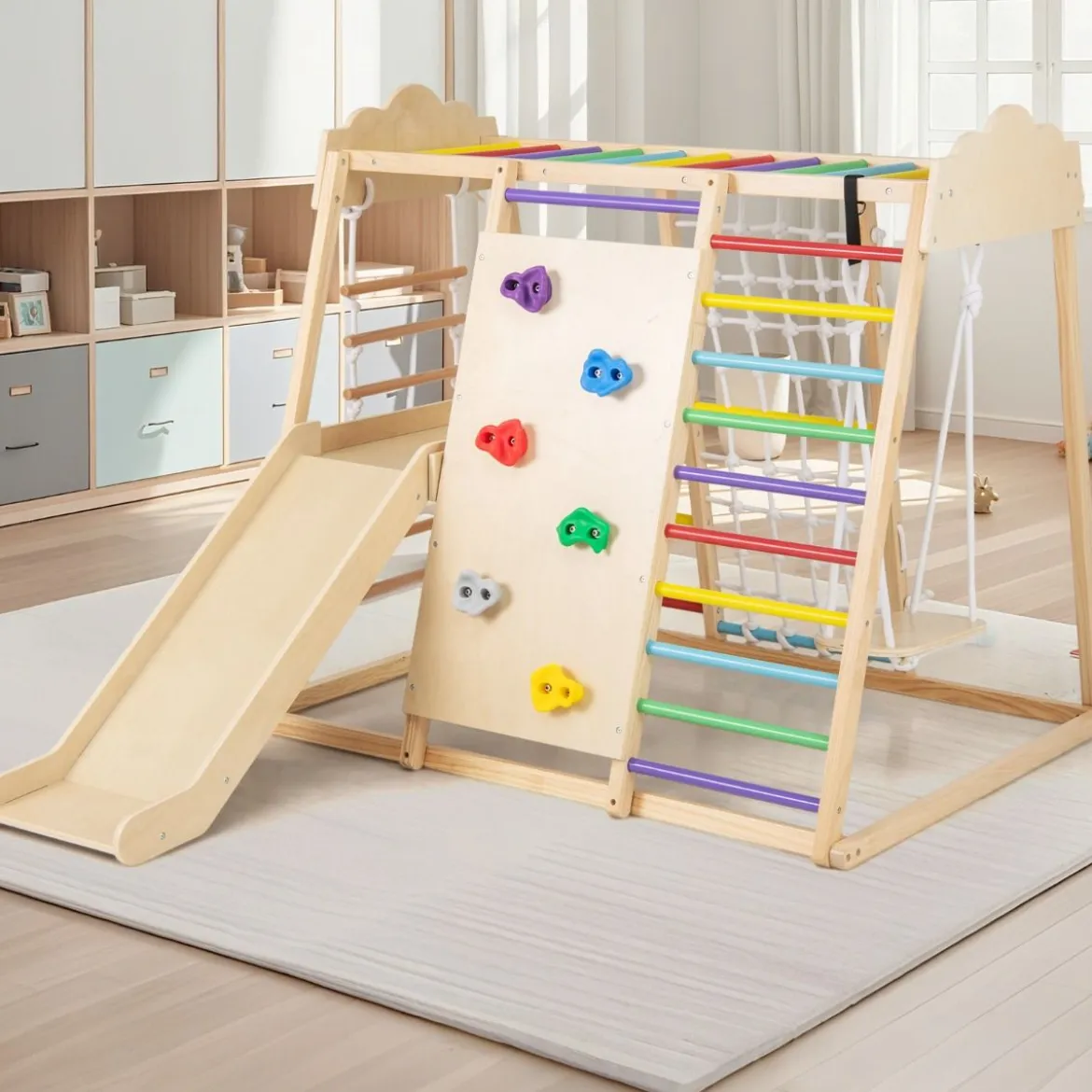 8-in-1 Dschungel-Gymnastikset hölzerne Montessori-Kletterspielzeuge mit Kletterstangen Mehrfarbig/Natur