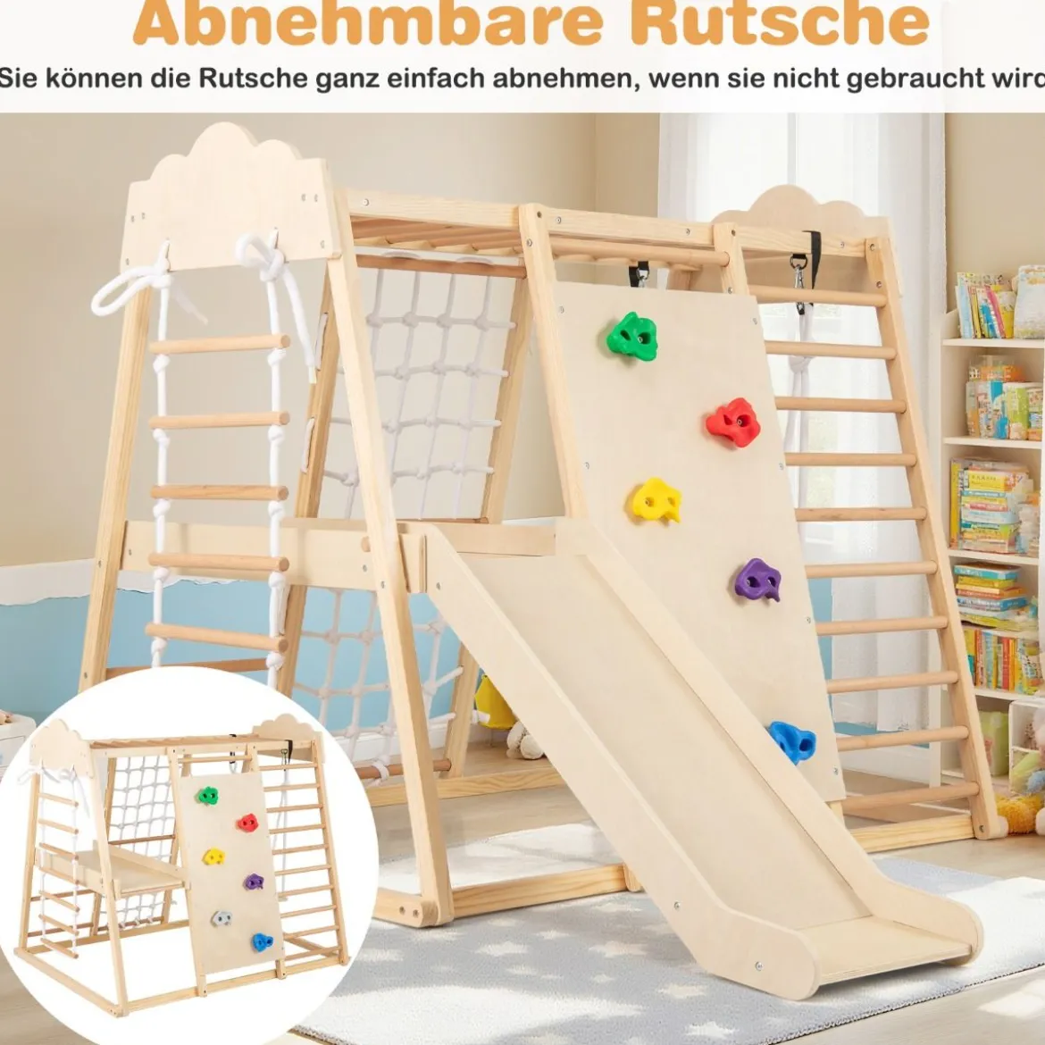 8-in-1 Dschungel-Gymnastikset hölzerne Montessori-Kletterspielzeuge mit Kletterstangen Mehrfarbig/Natur