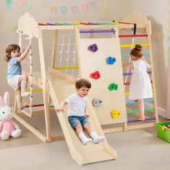 8-in-1 Dschungel-Gymnastikset hölzerne Montessori-Kletterspielzeuge mit Kletterstangen Mehrfarbig/Natur