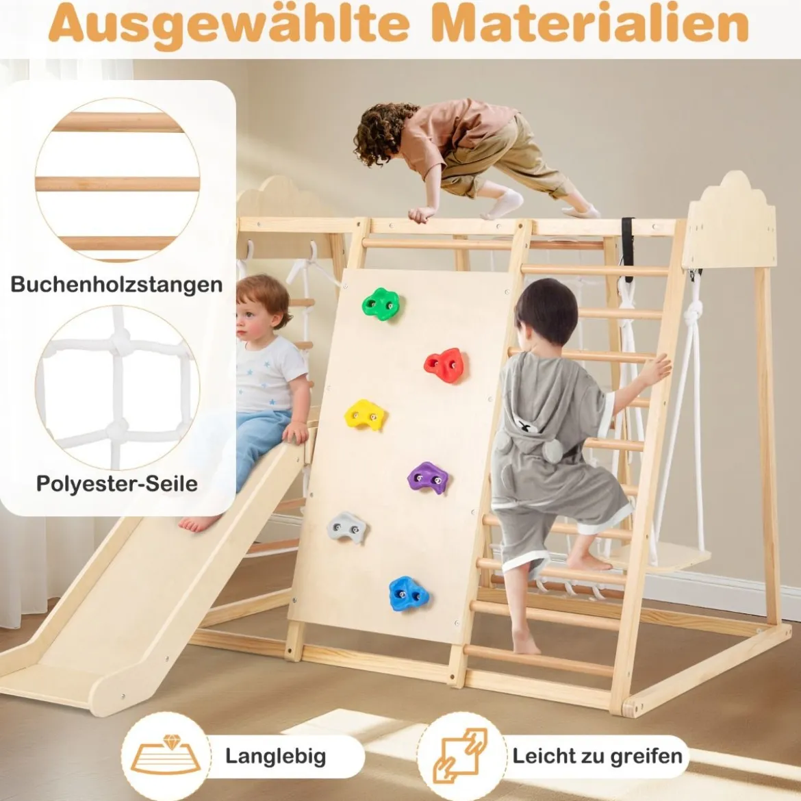 8-in-1 Dschungel-Gymnastikset hölzerne Montessori-Kletterspielzeuge mit Kletterstangen Mehrfarbig/Natur