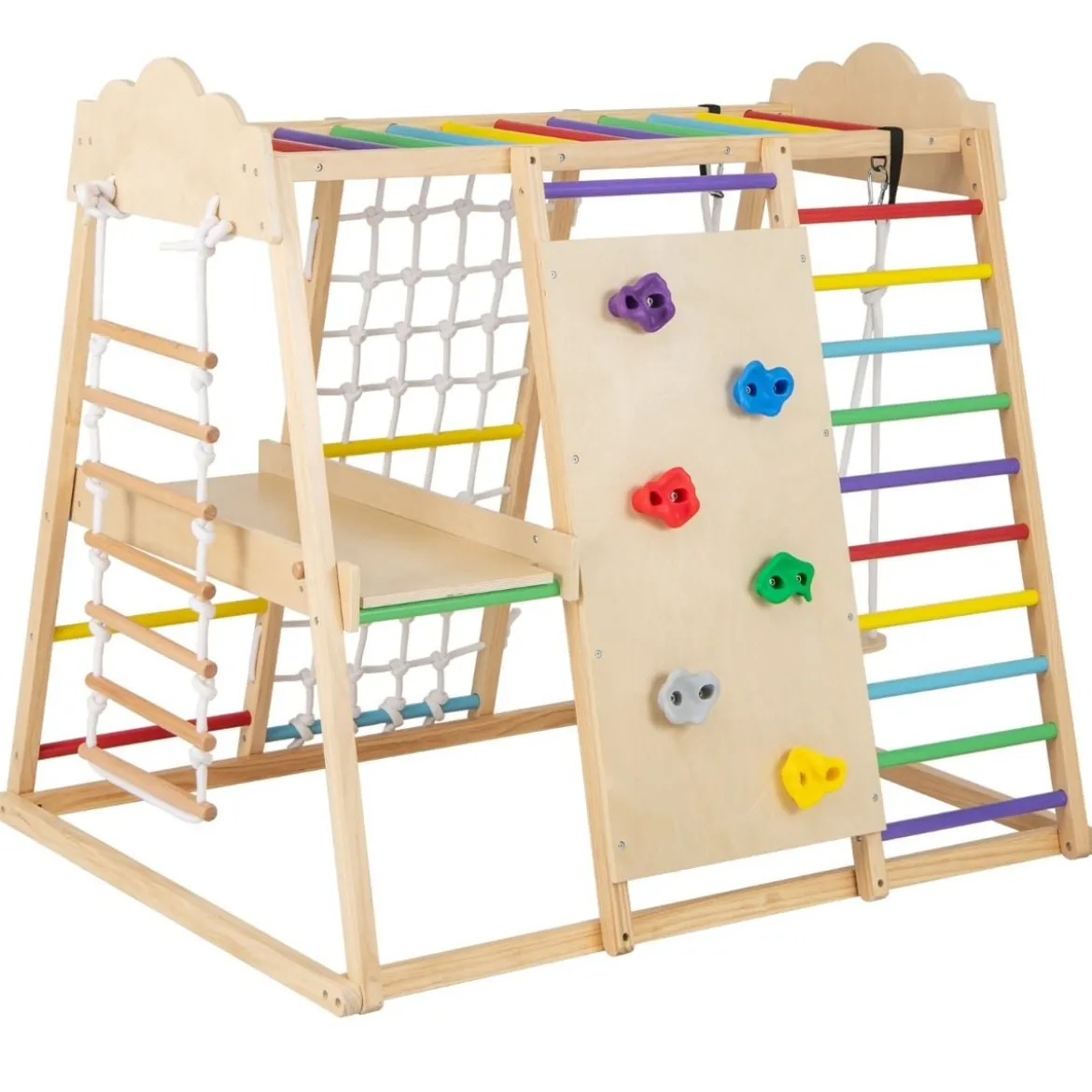 8-in-1 Dschungel-Gymnastikset hölzerne Montessori-Kletterspielzeuge mit Kletterstangen Mehrfarbig/Natur