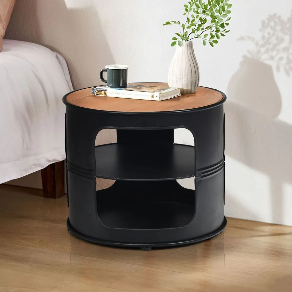 Industrie Couchtisch aus Holz & Metall mit 2 Regalebenen bis 50 kg Belastbar Schwarz