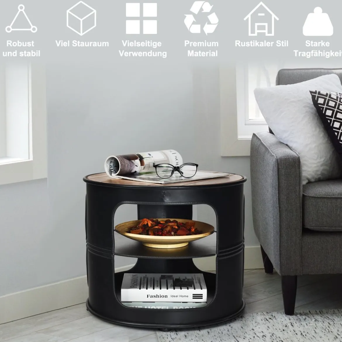 Industrie Couchtisch aus Holz & Metall mit 2 Regalebenen bis 50 kg Belastbar Schwarz
