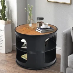 Industrie Couchtisch aus Holz & Metall mit 2 Regalebenen bis 50 kg Belastbar Schwarz