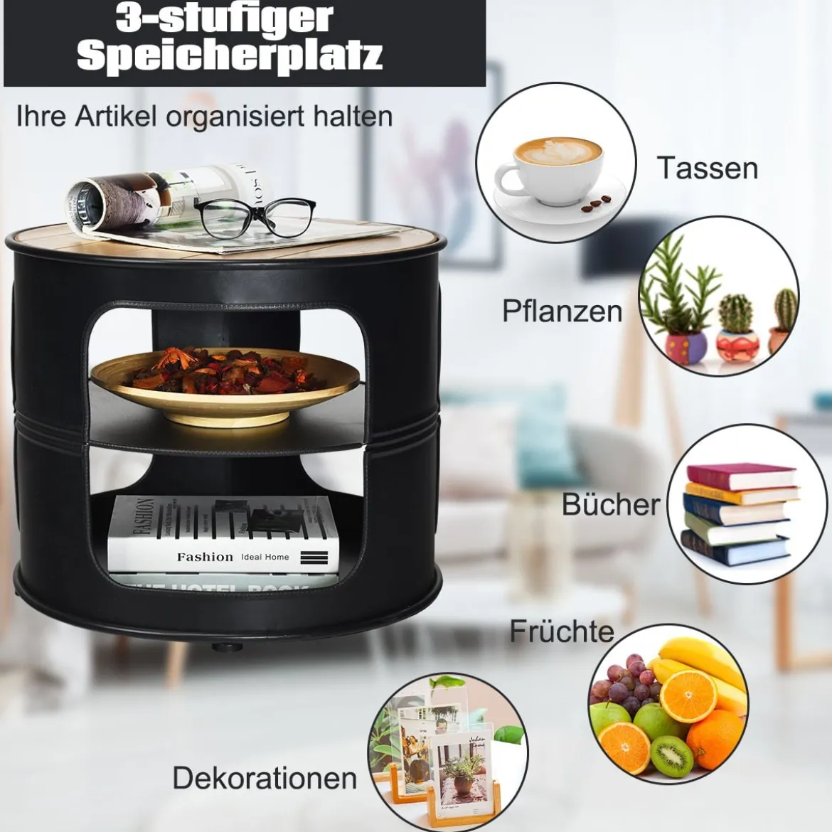 Industrie Couchtisch aus Holz & Metall mit 2 Regalebenen bis 50 kg Belastbar Schwarz