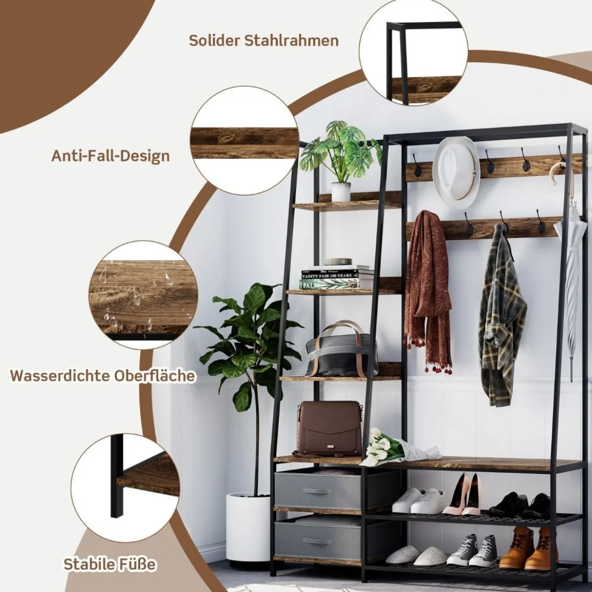Industrielle Garderobe mit Schuhbank für den Eingangsbereich 122x40x180 cm Rustikales Braun